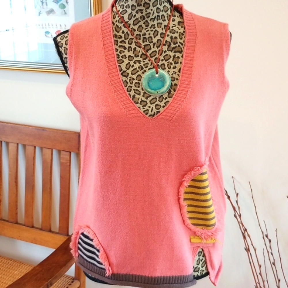 Cellabie Ladies V Neck Sweater Vest Size:L Color:Pink, Yellow, Black